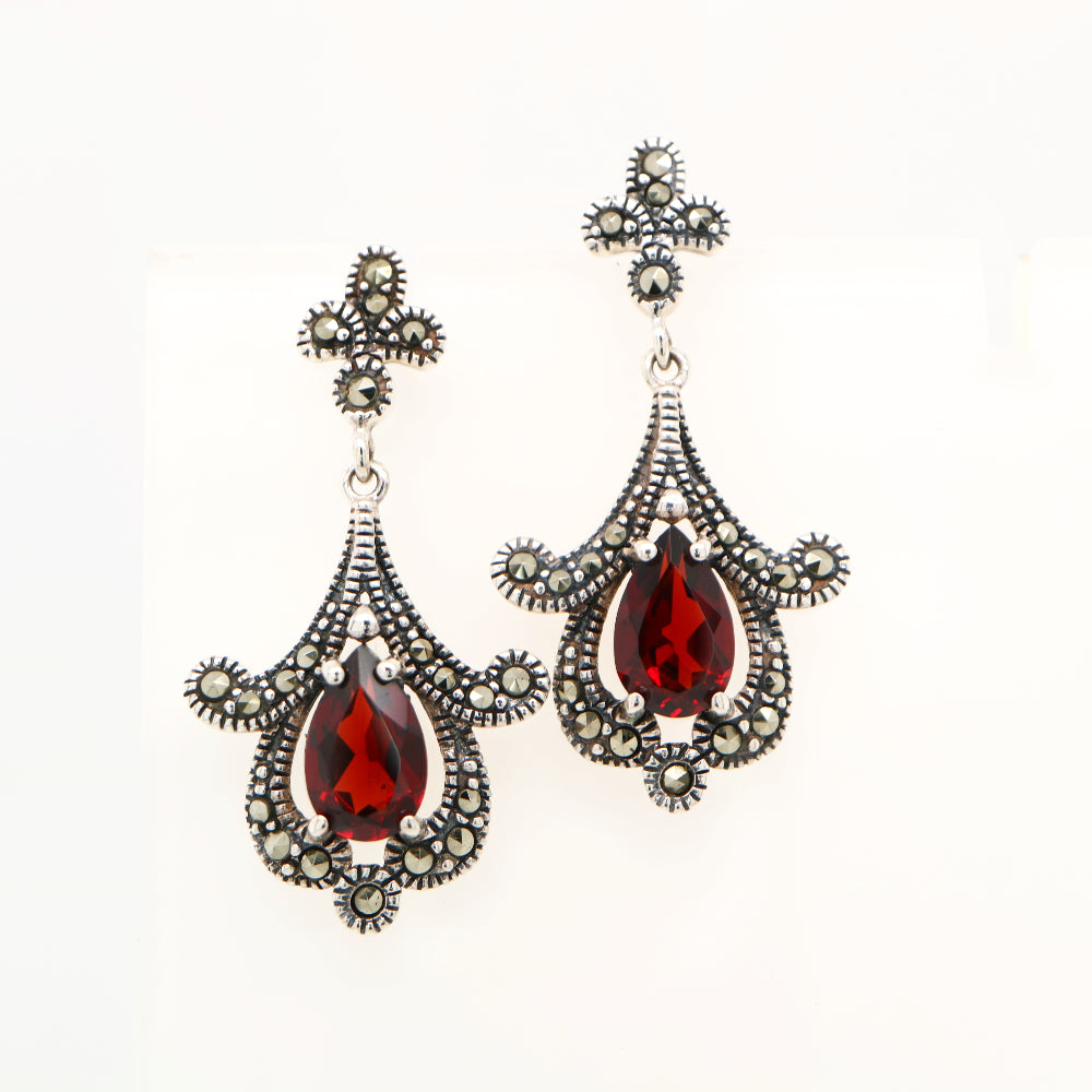 Garnet art deco earrings with marcasite in sterling silver