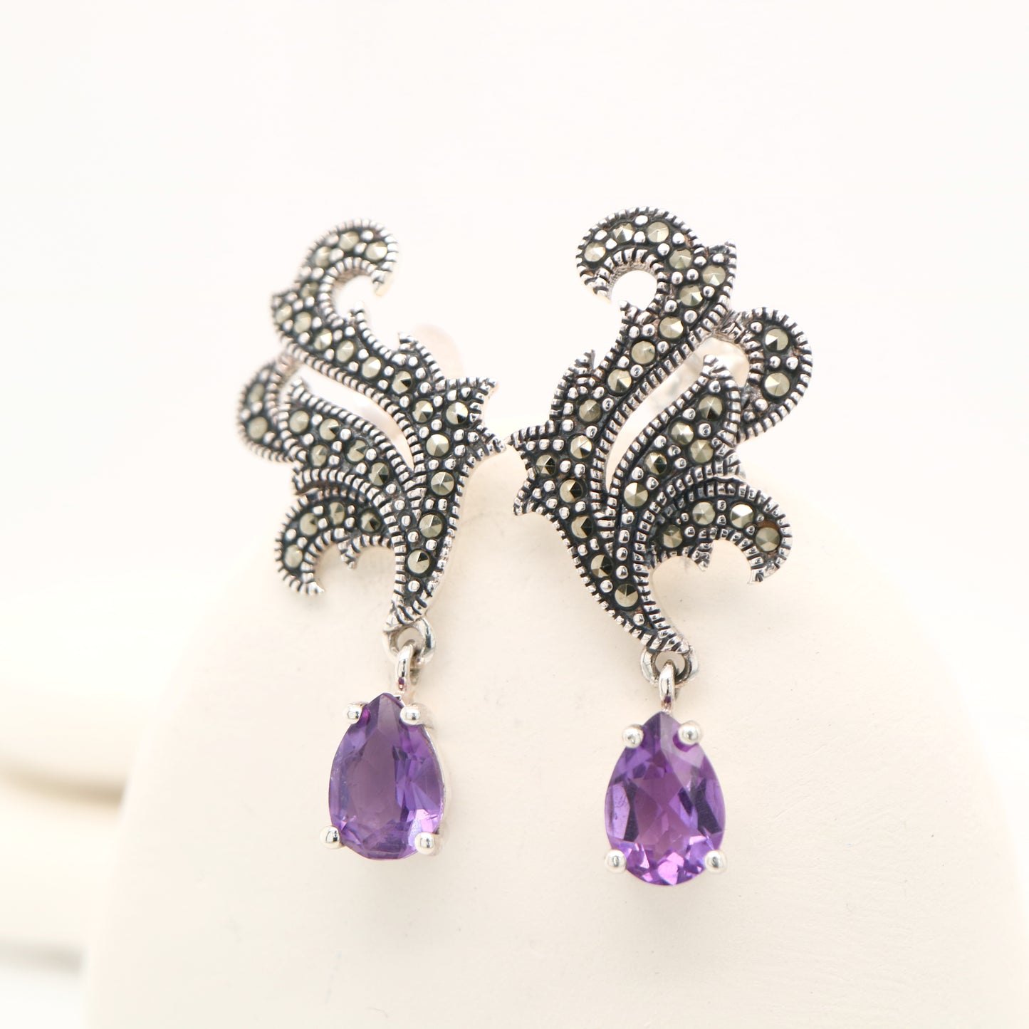 Marcasite feather earring with amethyst in sterling silver