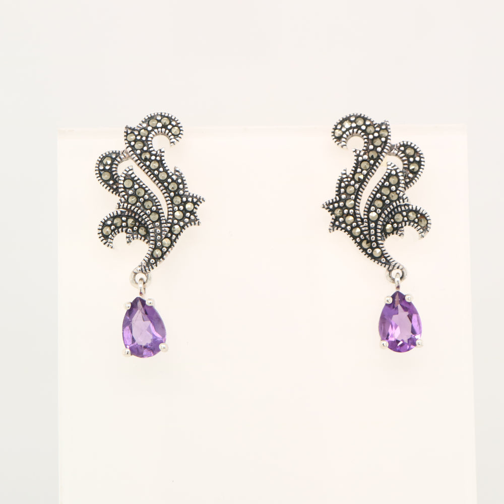 Marcasite feather earring with amethyst in sterling silver