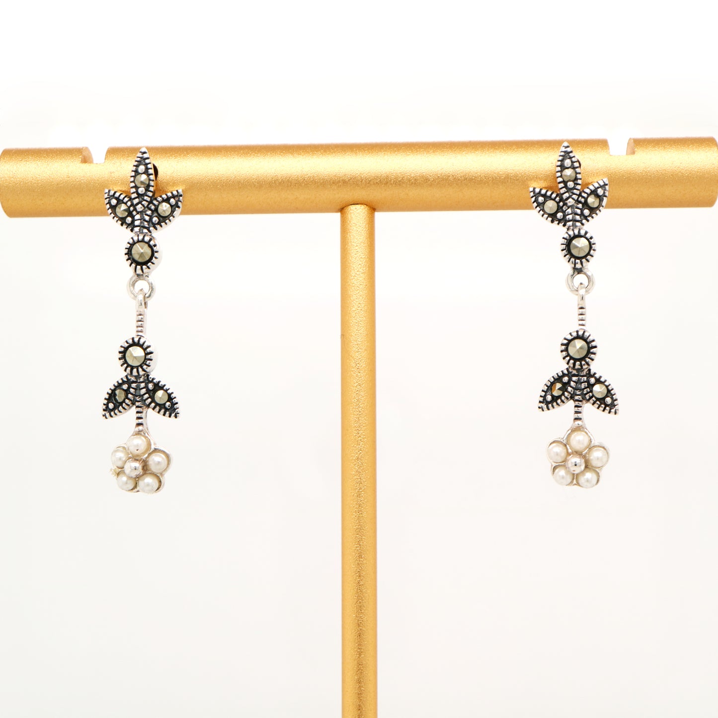 Freshwater pearl daisy drop earrings with marcasite in sterling silver