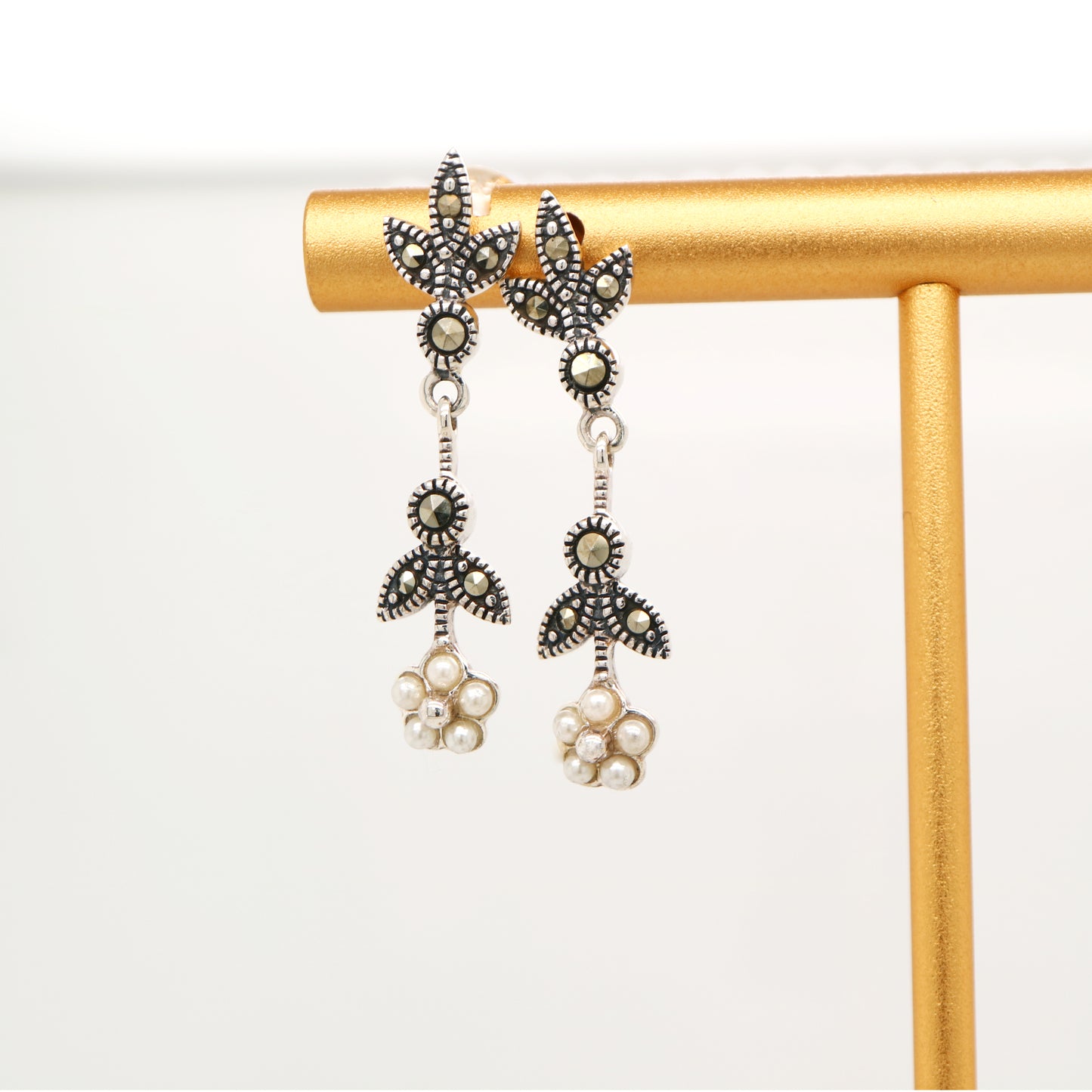 Freshwater pearl daisy drop earrings with marcasite in sterling silver