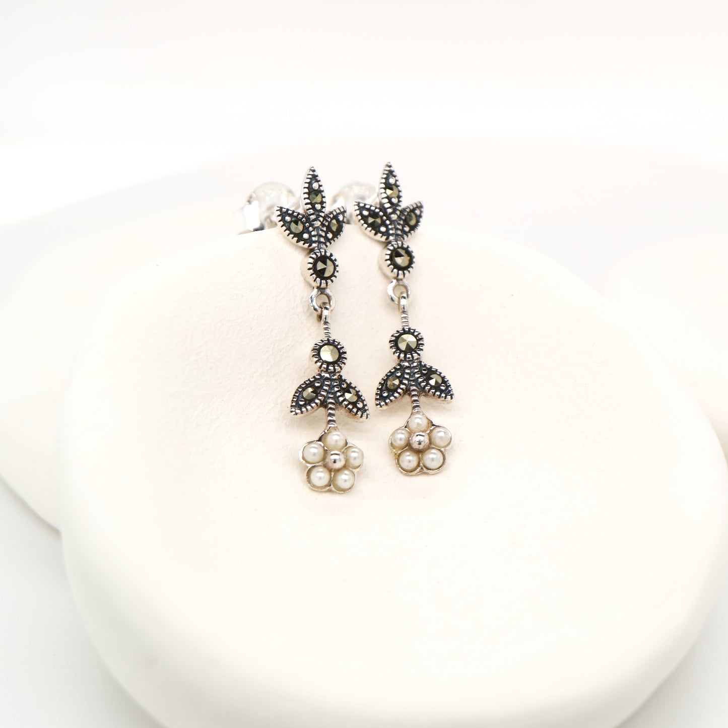 Freshwater pearl daisy drop earrings with marcasite in sterling silver