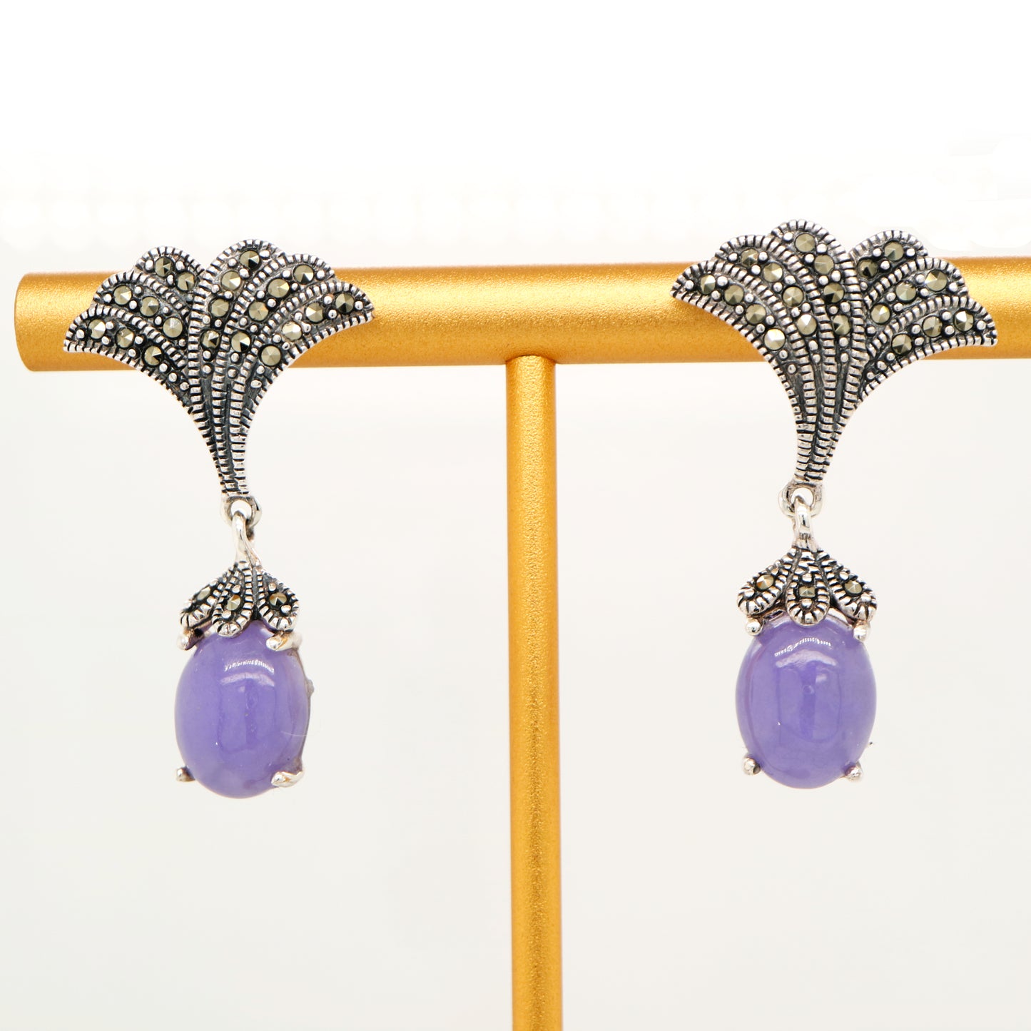 Art deco lavender jade drop earrings with marcasite in sterling silver