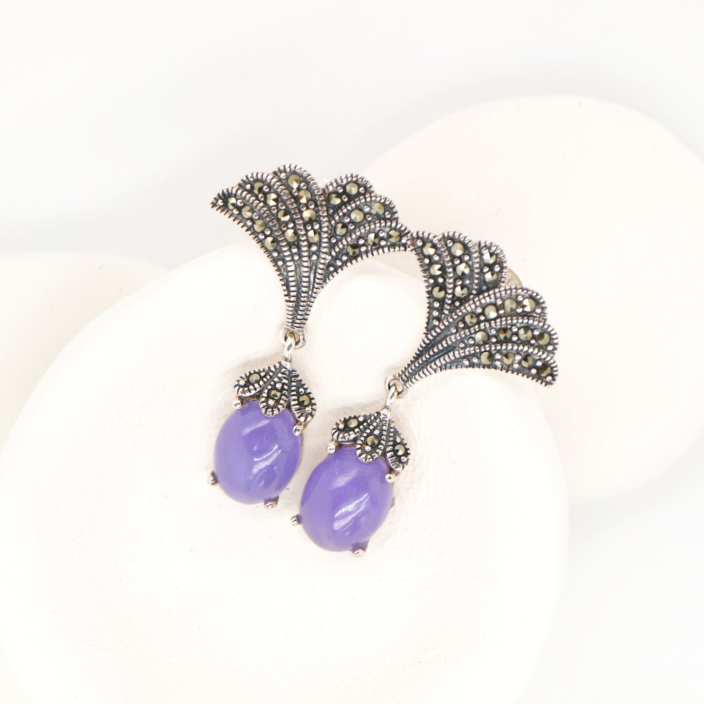Art deco lavender jade drop earrings with marcasite in sterling silver