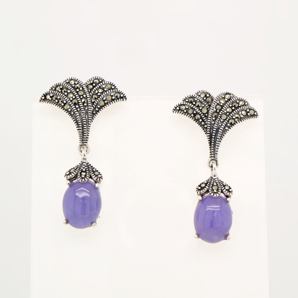 Art deco lavender jade drop earrings with marcasite in sterling silver