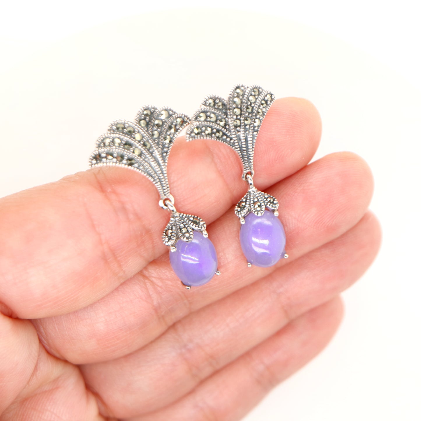Art deco lavender jade drop earrings with marcasite in sterling silver