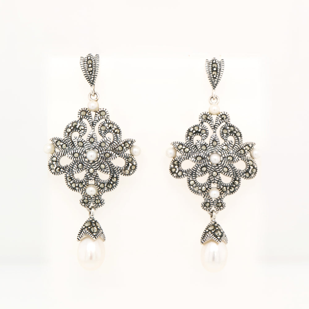 Edwardian style earrings with fresh water pearl, marcasite and sterling silver