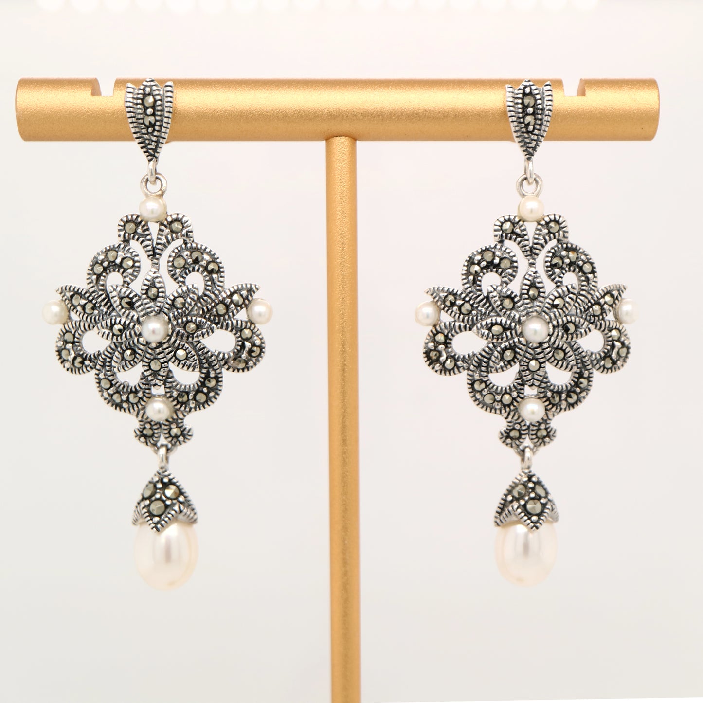 Edwardian style earrings with fresh water pearl, marcasite and sterling silver