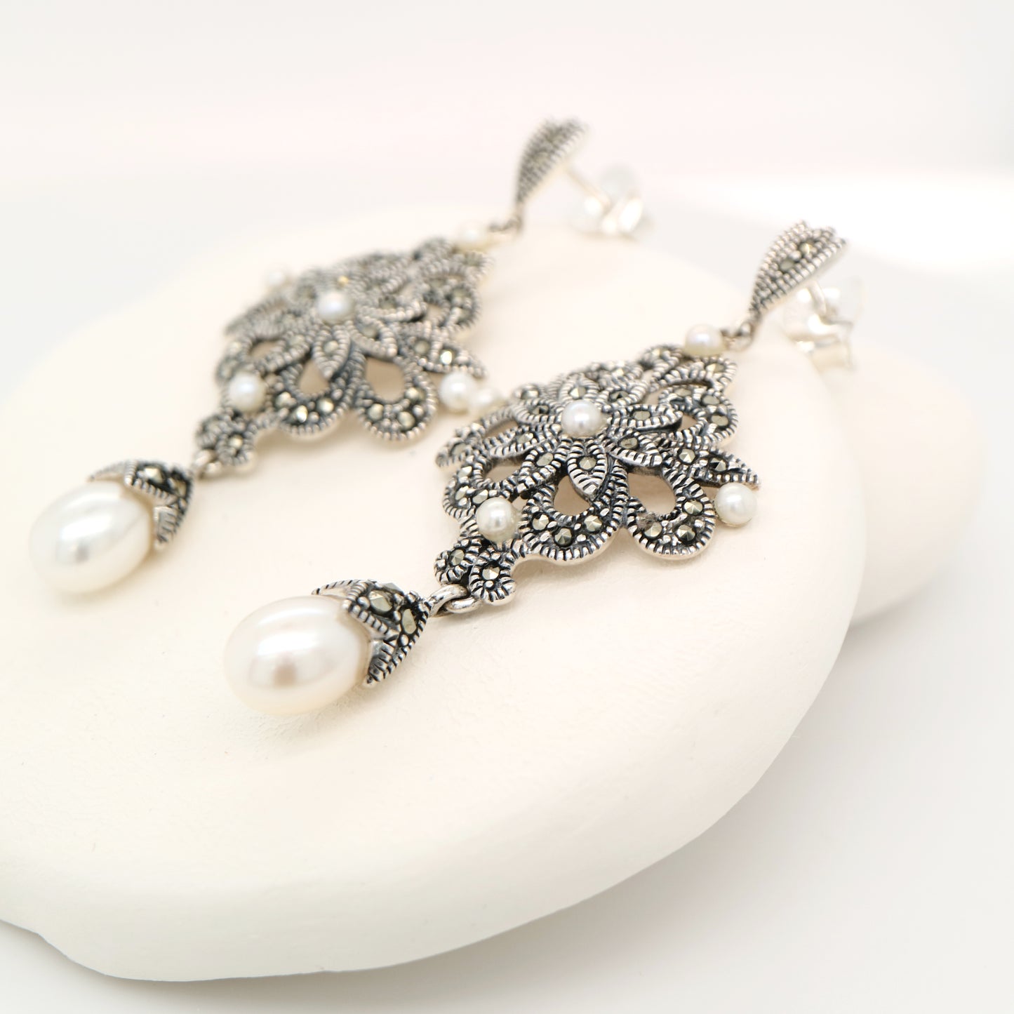 Edwardian style earrings with fresh water pearl, marcasite and sterling silver