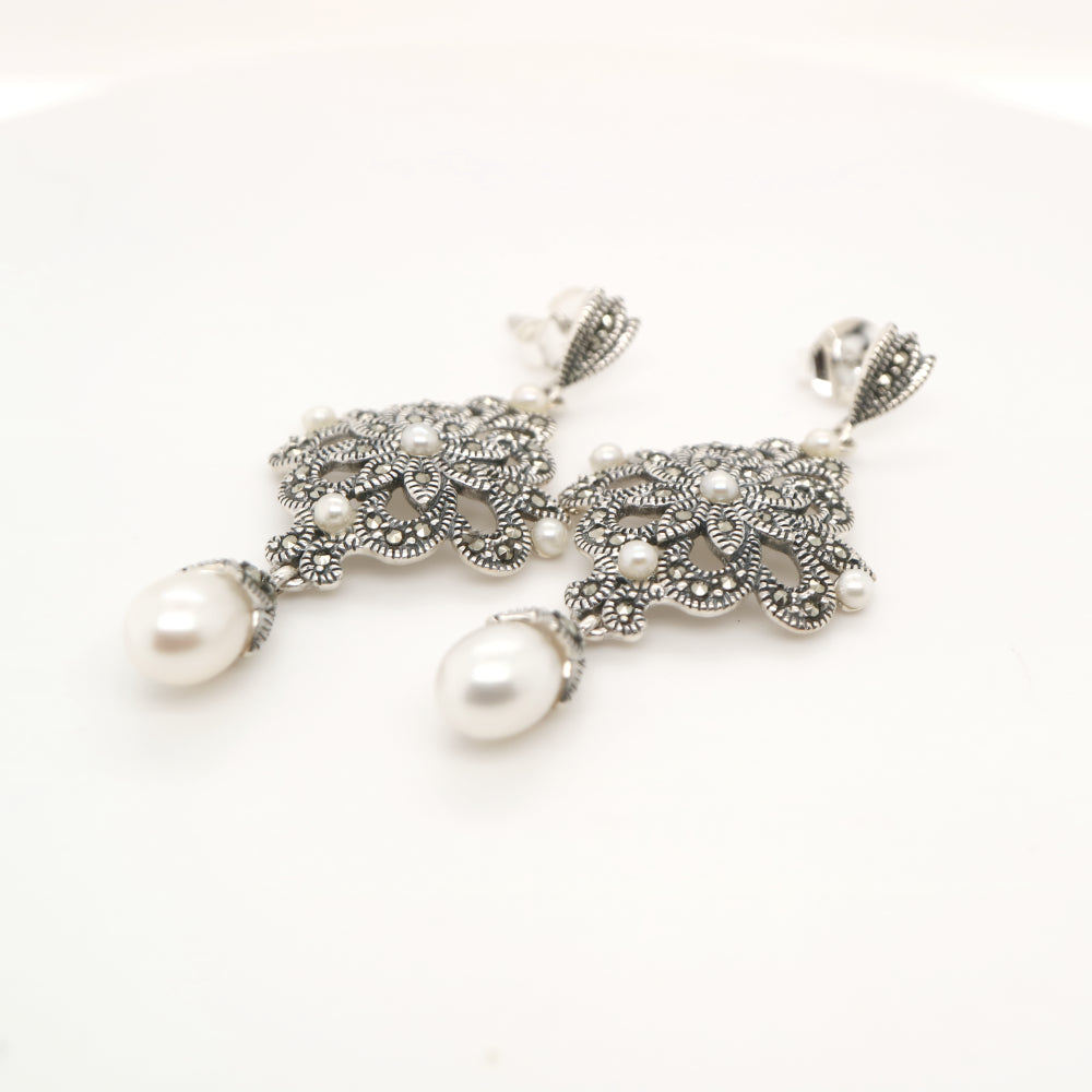 Edwardian style earrings with fresh water pearl, marcasite and sterling silver