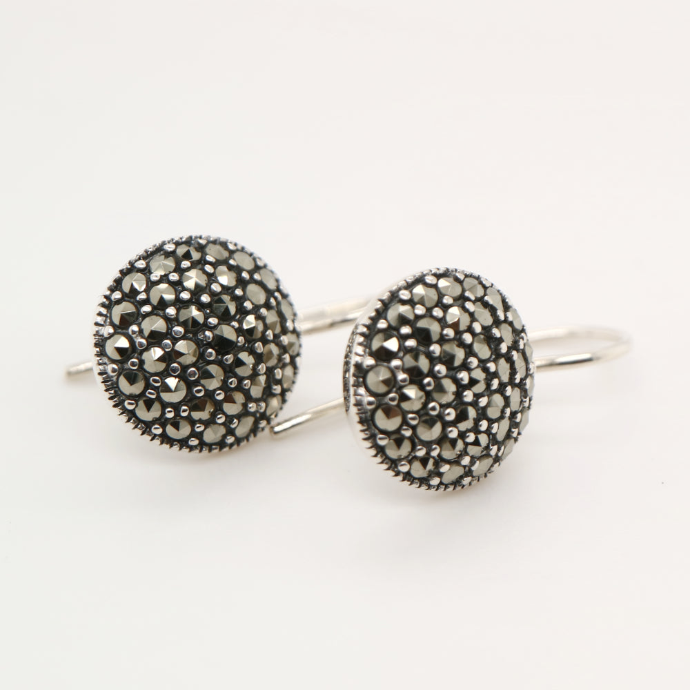 Pave style round hook earrings with marcasite in sterling silver