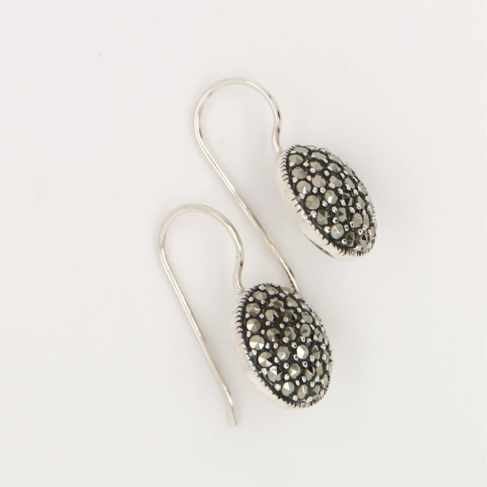 Pave style round hook earrings with marcasite in sterling silver