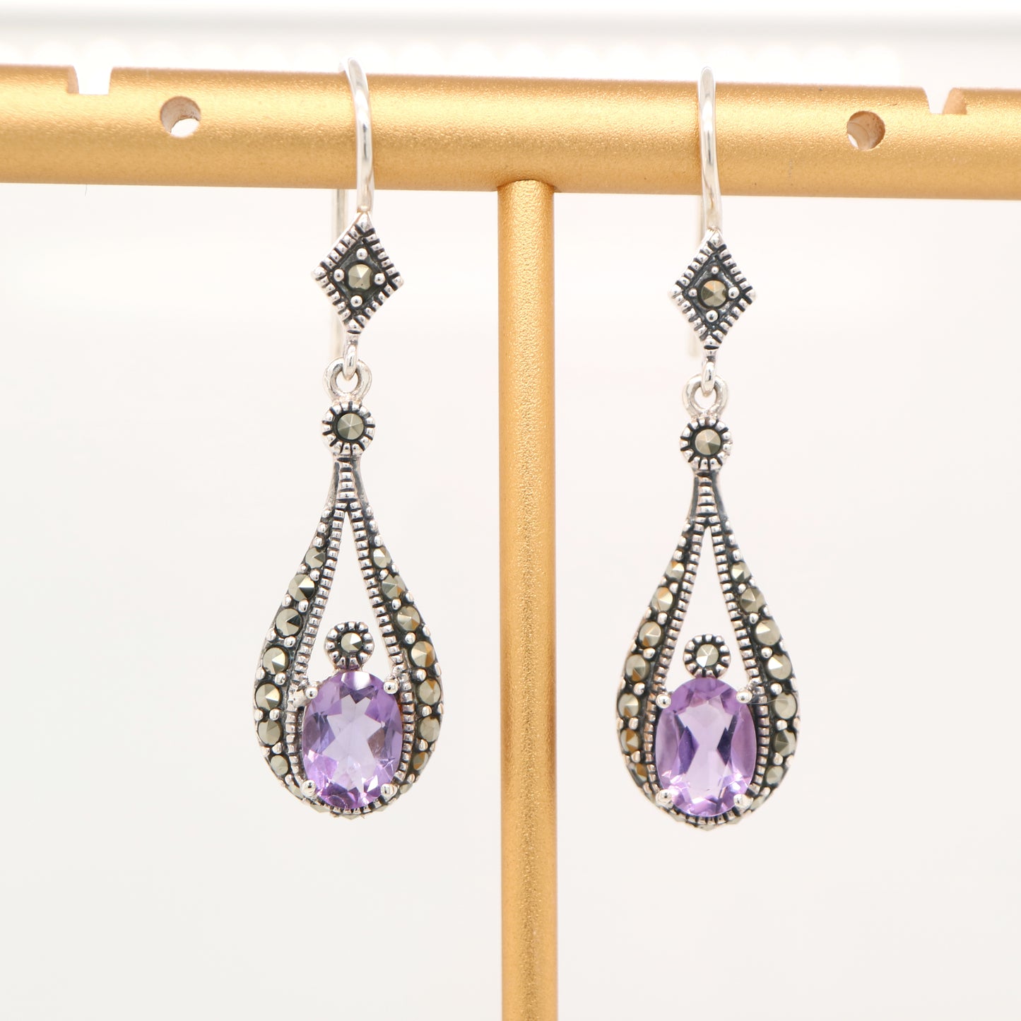 Marcasite dangle earrings with amethyst in sterling silver