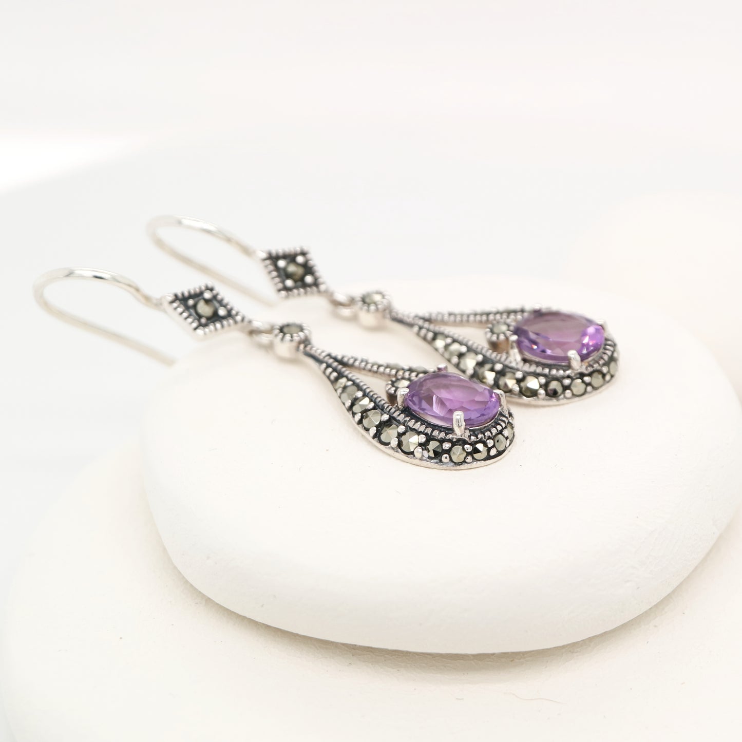 Marcasite dangle earrings with amethyst in sterling silver
