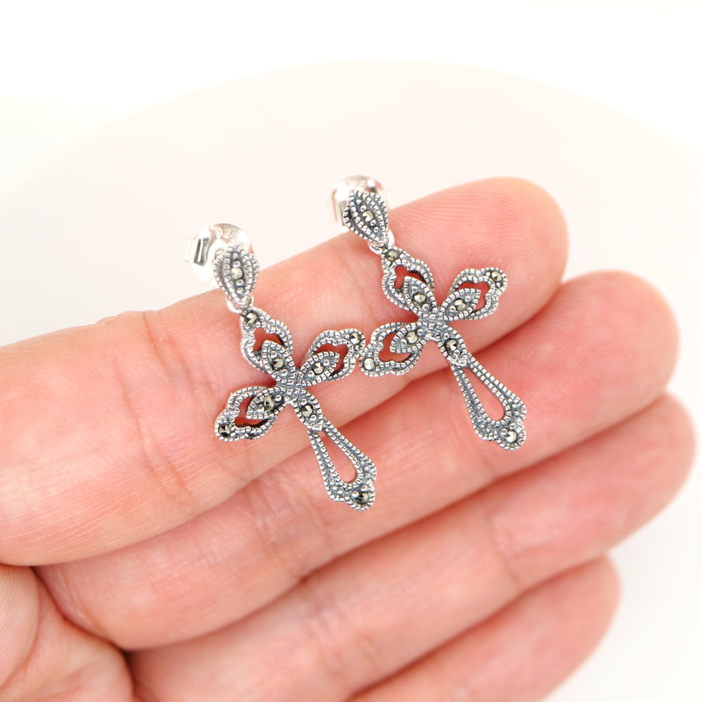 Marcasite cross earrings in sterling silver