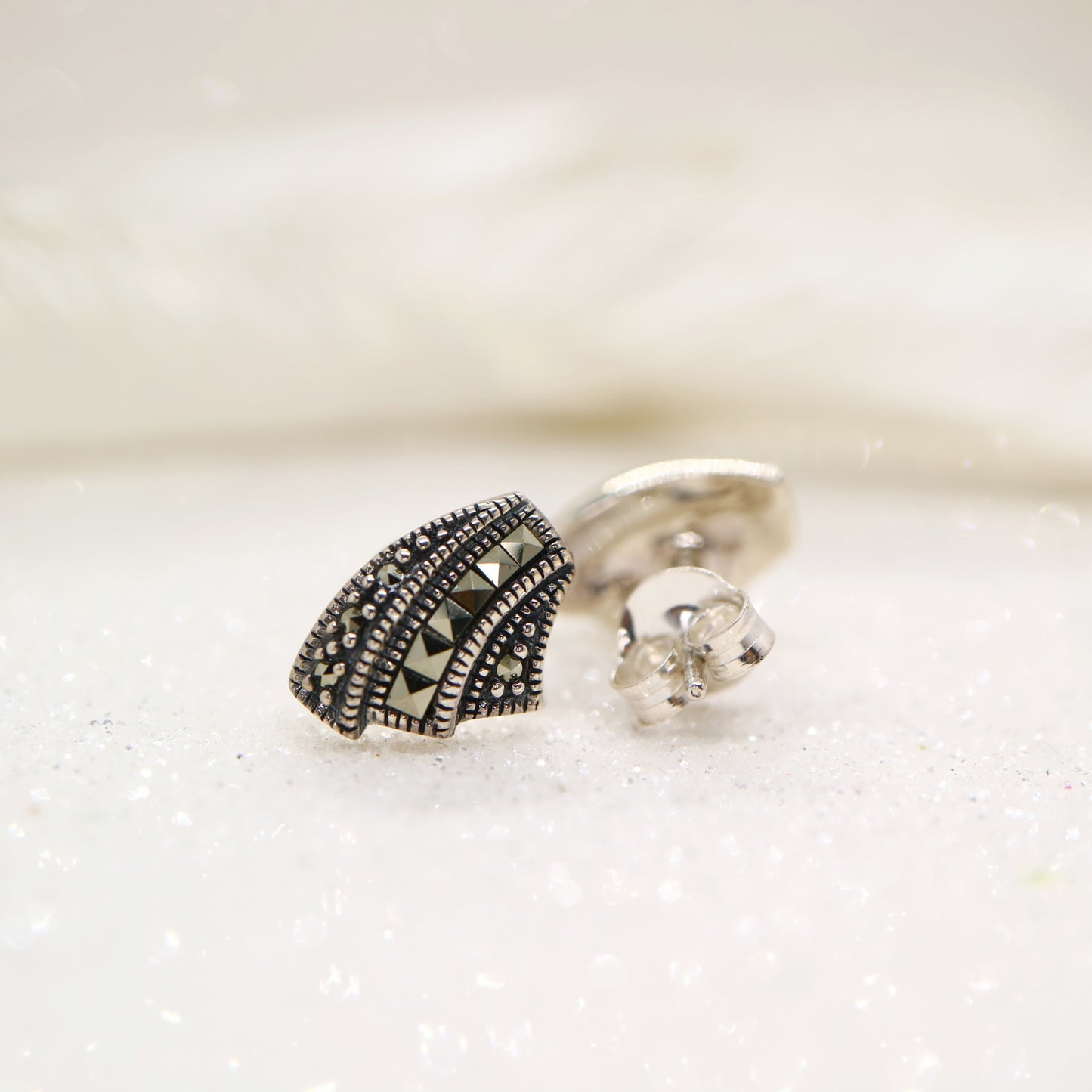 Art deco seashell earring with marcasite in sterling silver