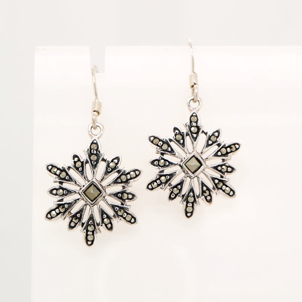 Starburst snowflake earrings with marcasite in sterling silver