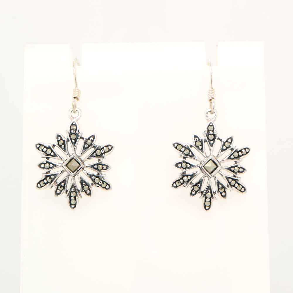 Starburst snowflake earrings with marcasite in sterling silver