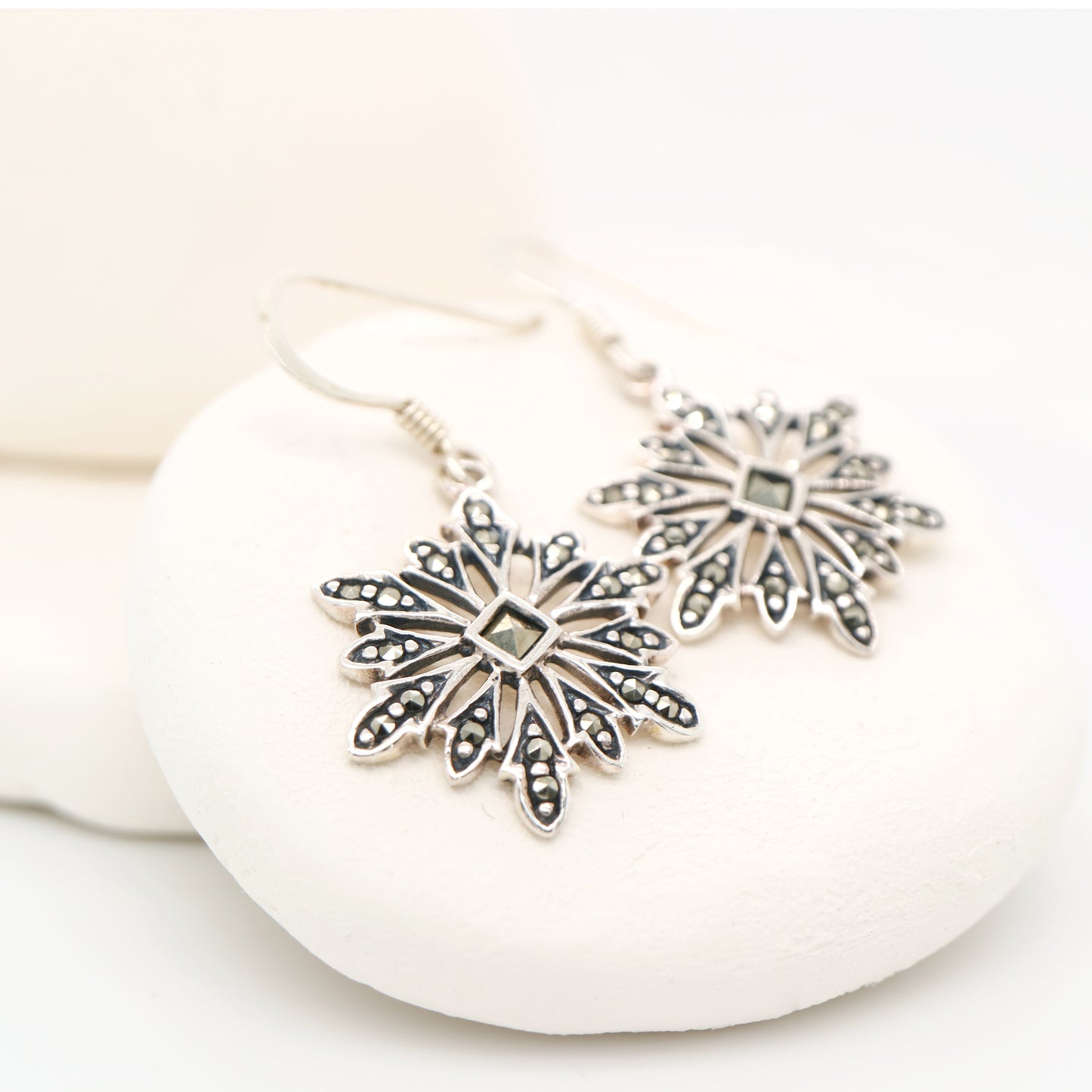 Starburst snowflake earrings with marcasite in sterling silver