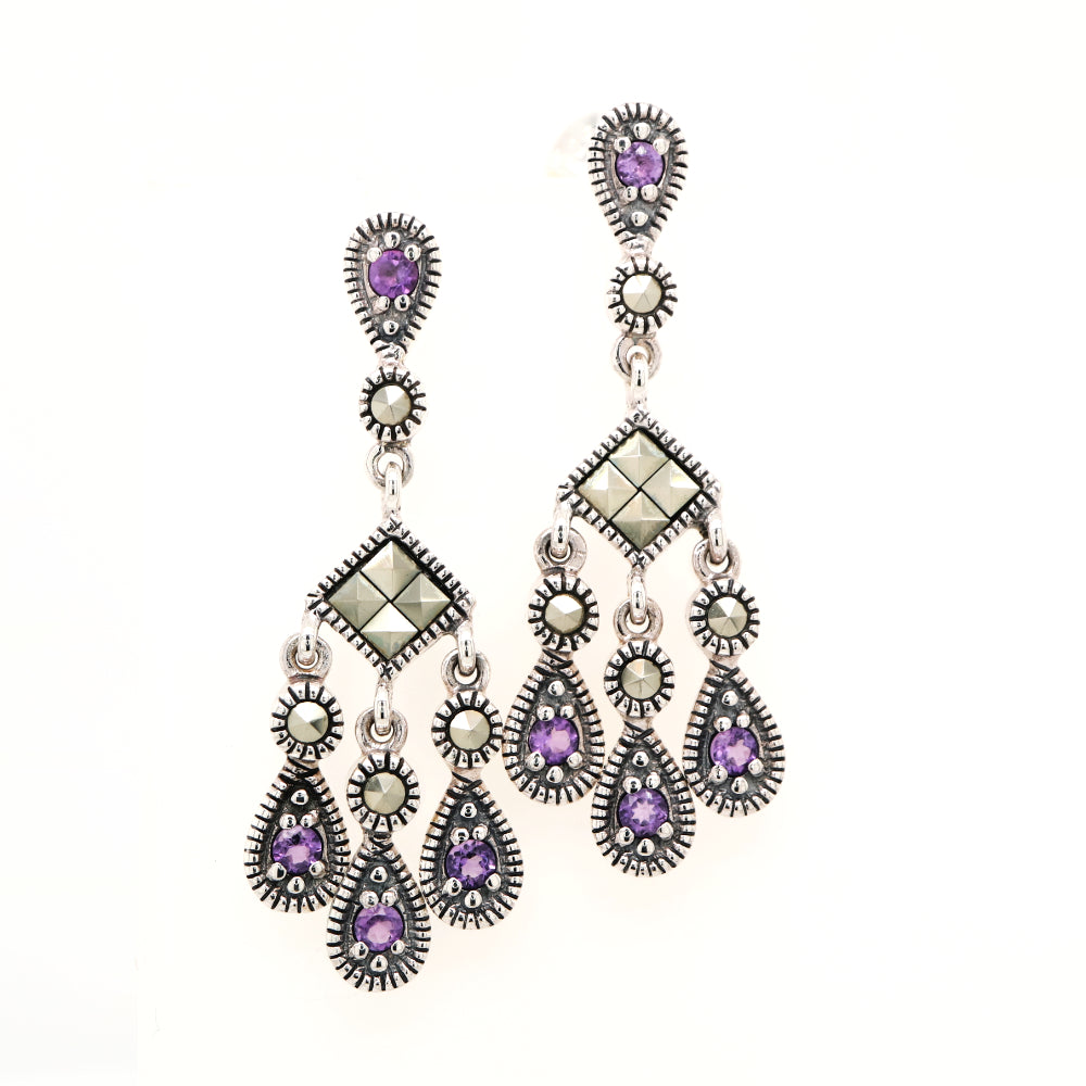 Amethyst and marcasite chandelier earrings in sterling silver