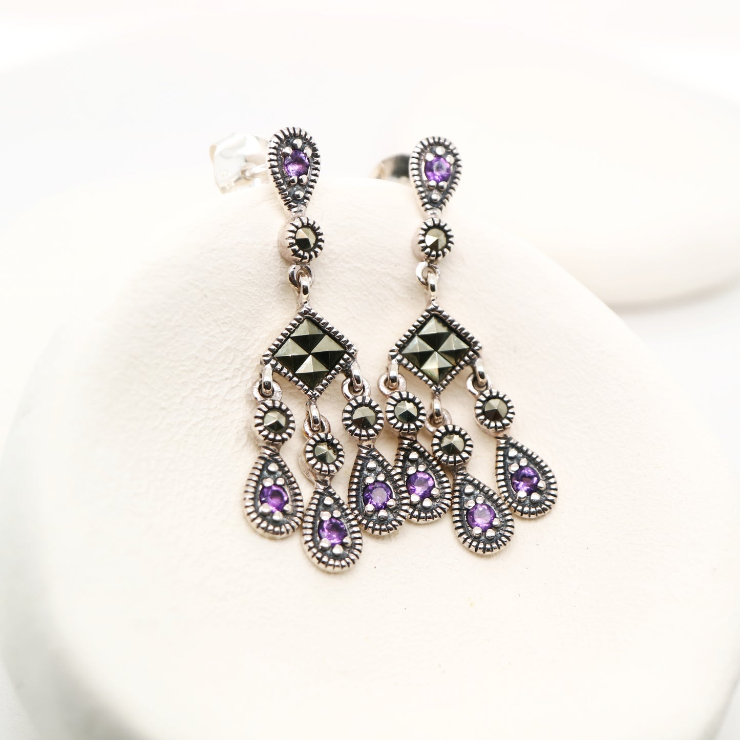 Amethyst and marcasite chandelier earrings in sterling silver
