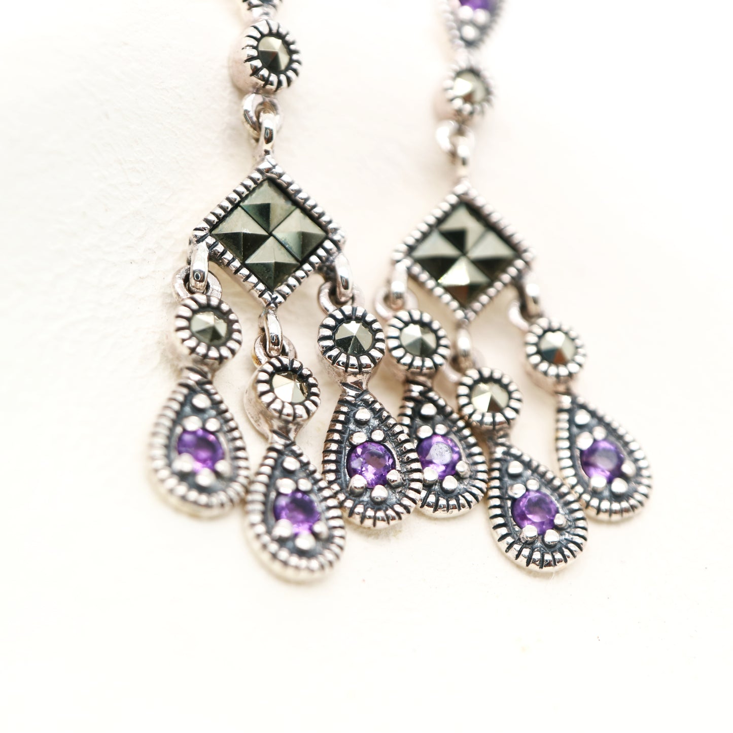 Amethyst and marcasite chandelier earrings in sterling silver