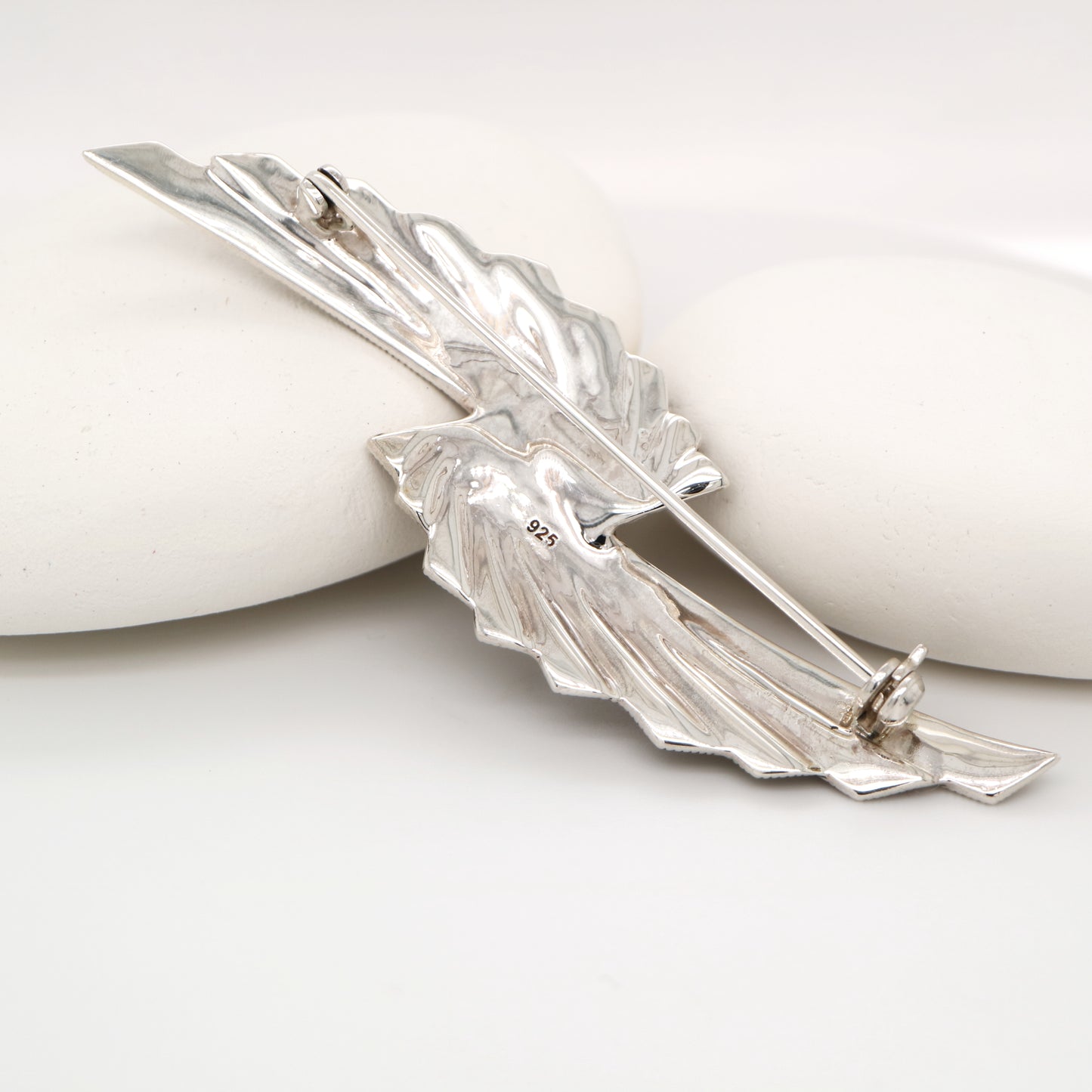 Art deco marcasite double fan brooch in sterling silver