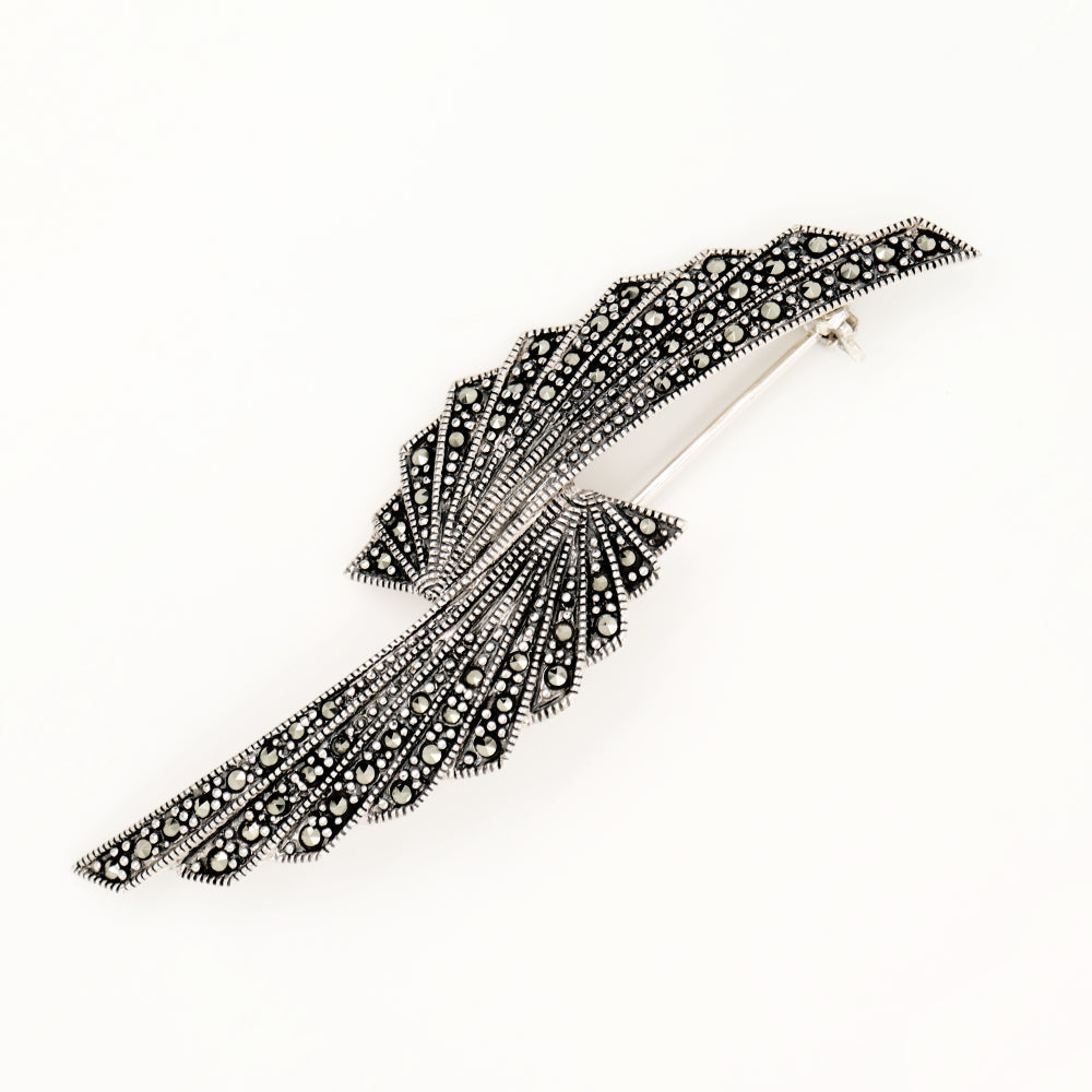 Art deco marcasite double fan brooch in sterling silver
