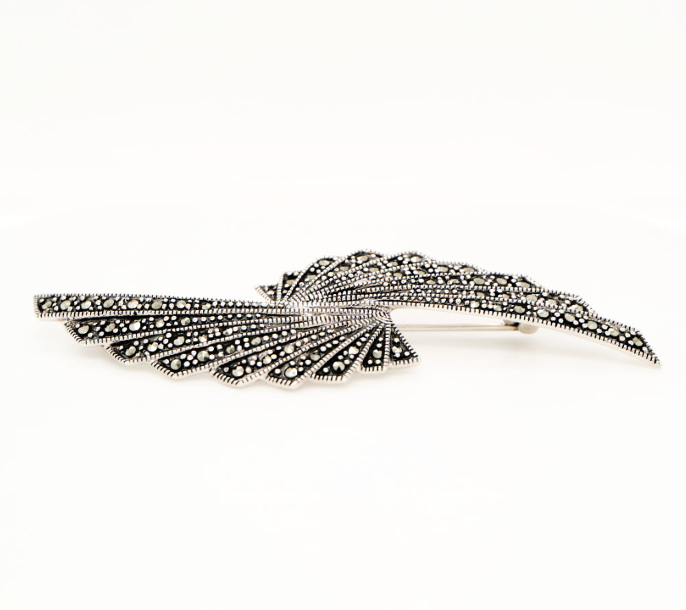 Art deco marcasite double fan brooch in sterling silver
