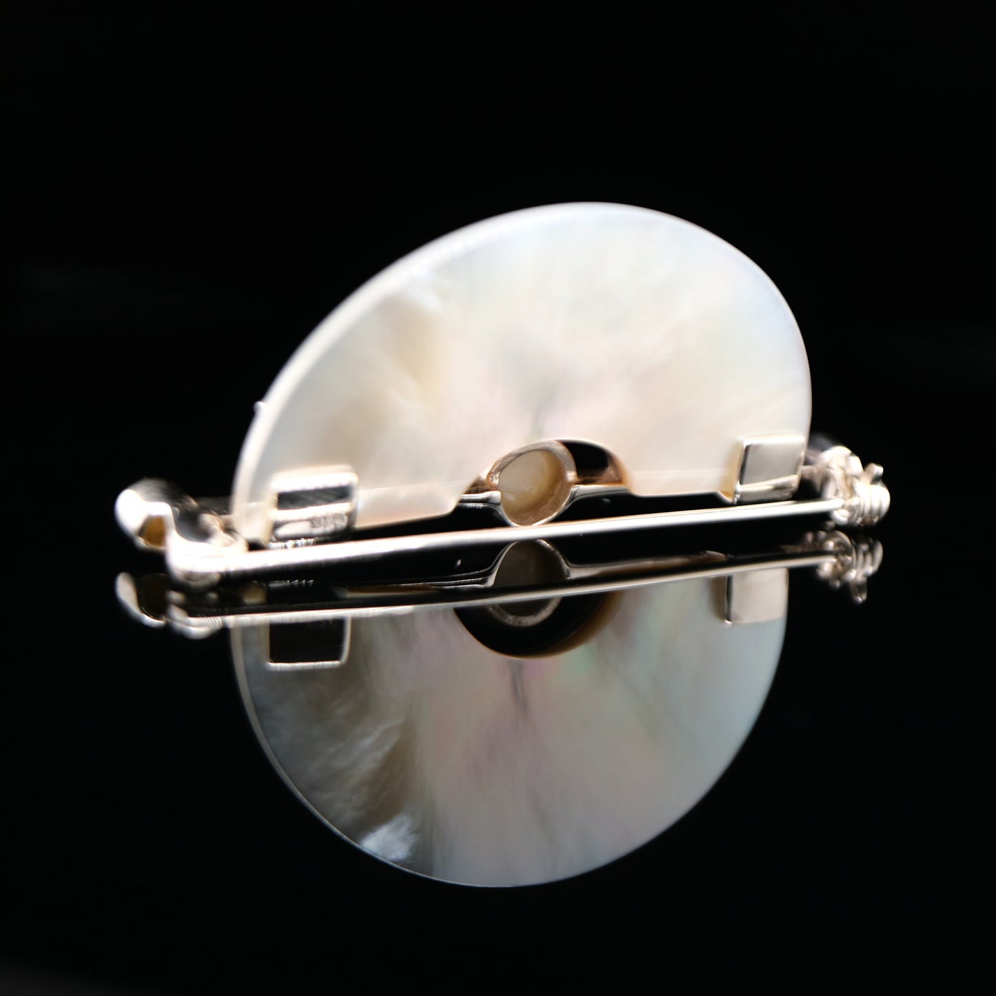 Art deco mother of pearl fan brooch with marcasite in sterling silver