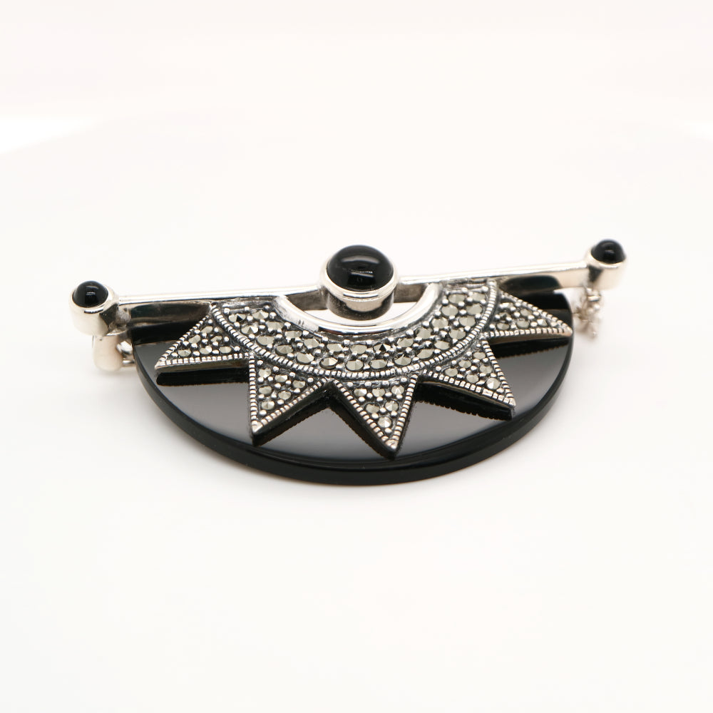 Art deco onyx fan brooch with marcasite in sterling silver