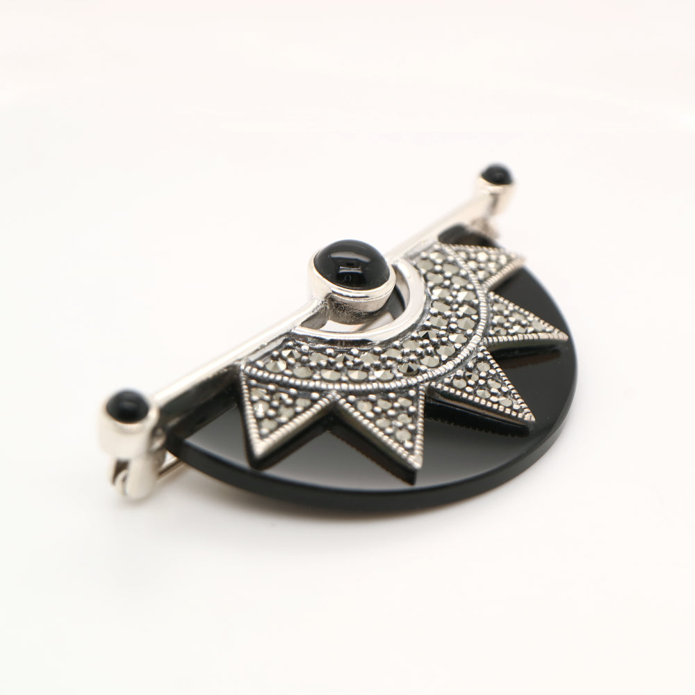 Art deco onyx fan brooch with marcasite in sterling silver
