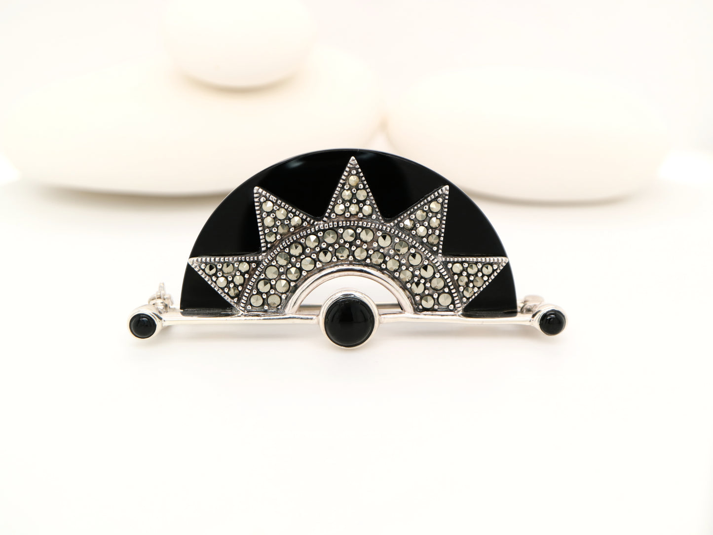 Art deco onyx fan brooch with marcasite in sterling silver