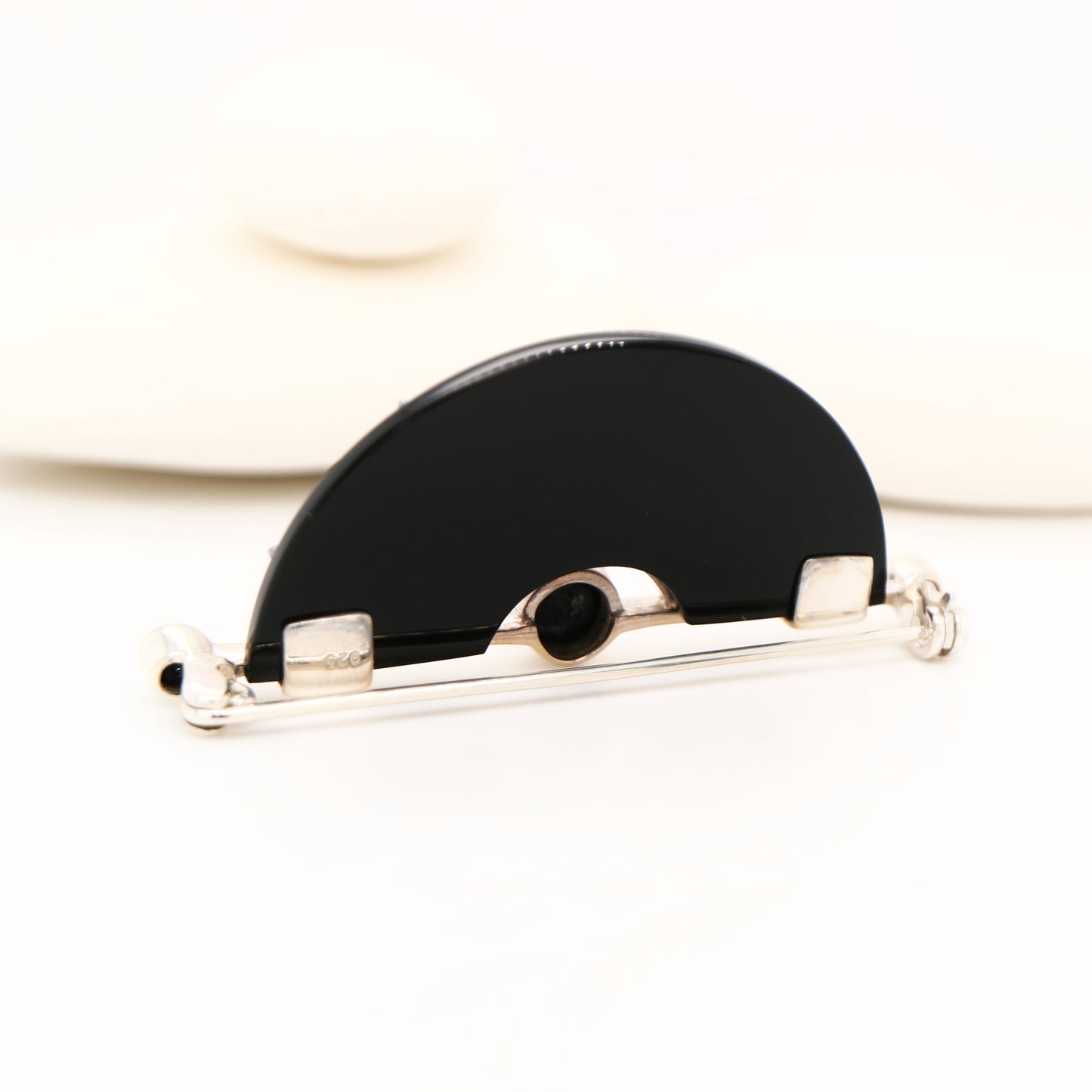 Art deco onyx fan brooch with marcasite in sterling silver
