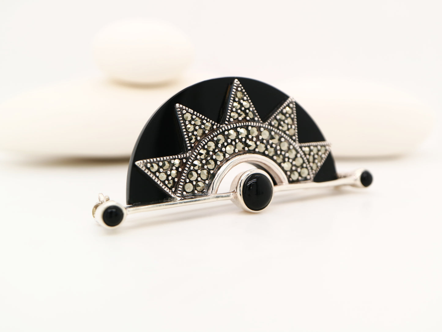 Art deco onyx fan brooch with marcasite in sterling silver