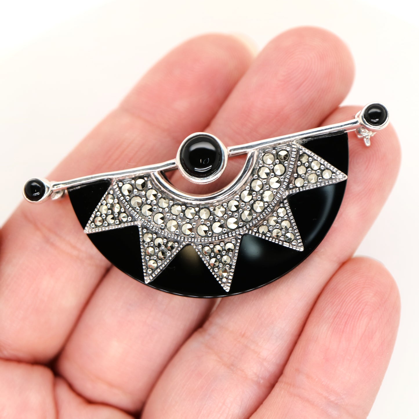 Art deco onyx fan brooch with marcasite in sterling silver