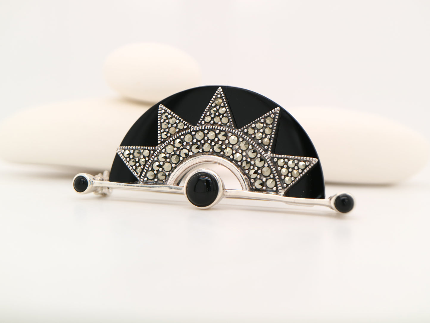 Art deco onyx fan brooch with marcasite in sterling silver