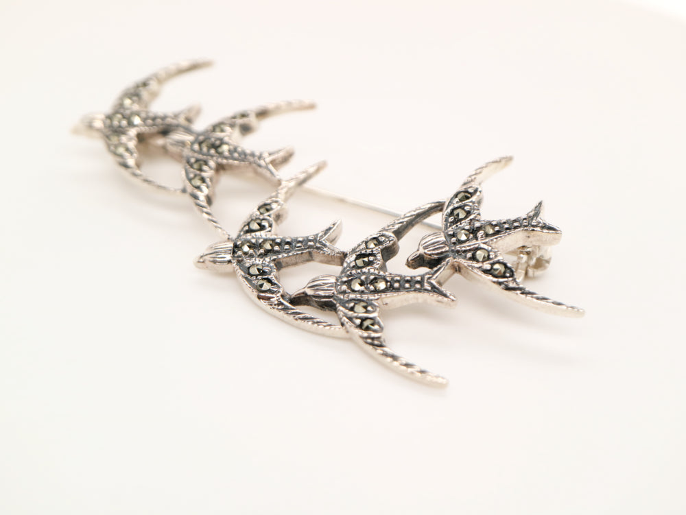 5 swallow brooch in sterling silver and marcasite