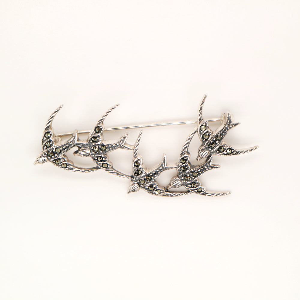 5 swallow brooch in sterling silver and marcasite