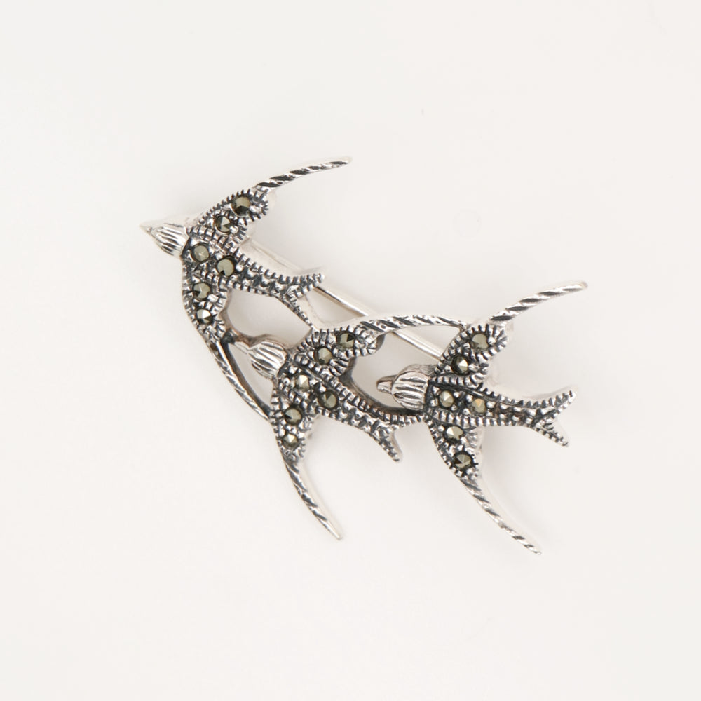 3 swallow brooch in marcasite and sterling silver