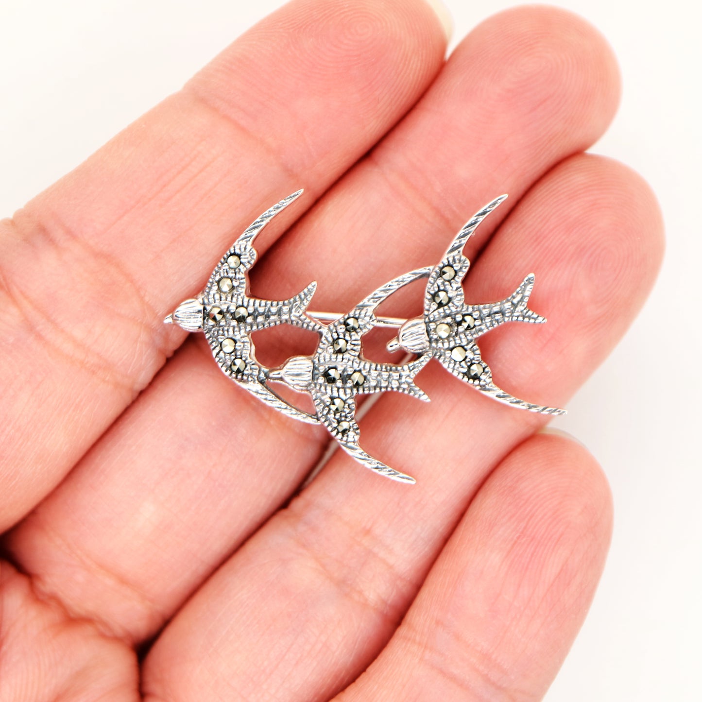 3 swallow brooch in marcasite and sterling silver