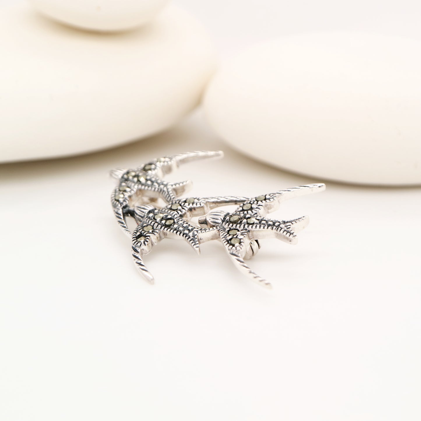 3 swallow brooch in marcasite and sterling silver