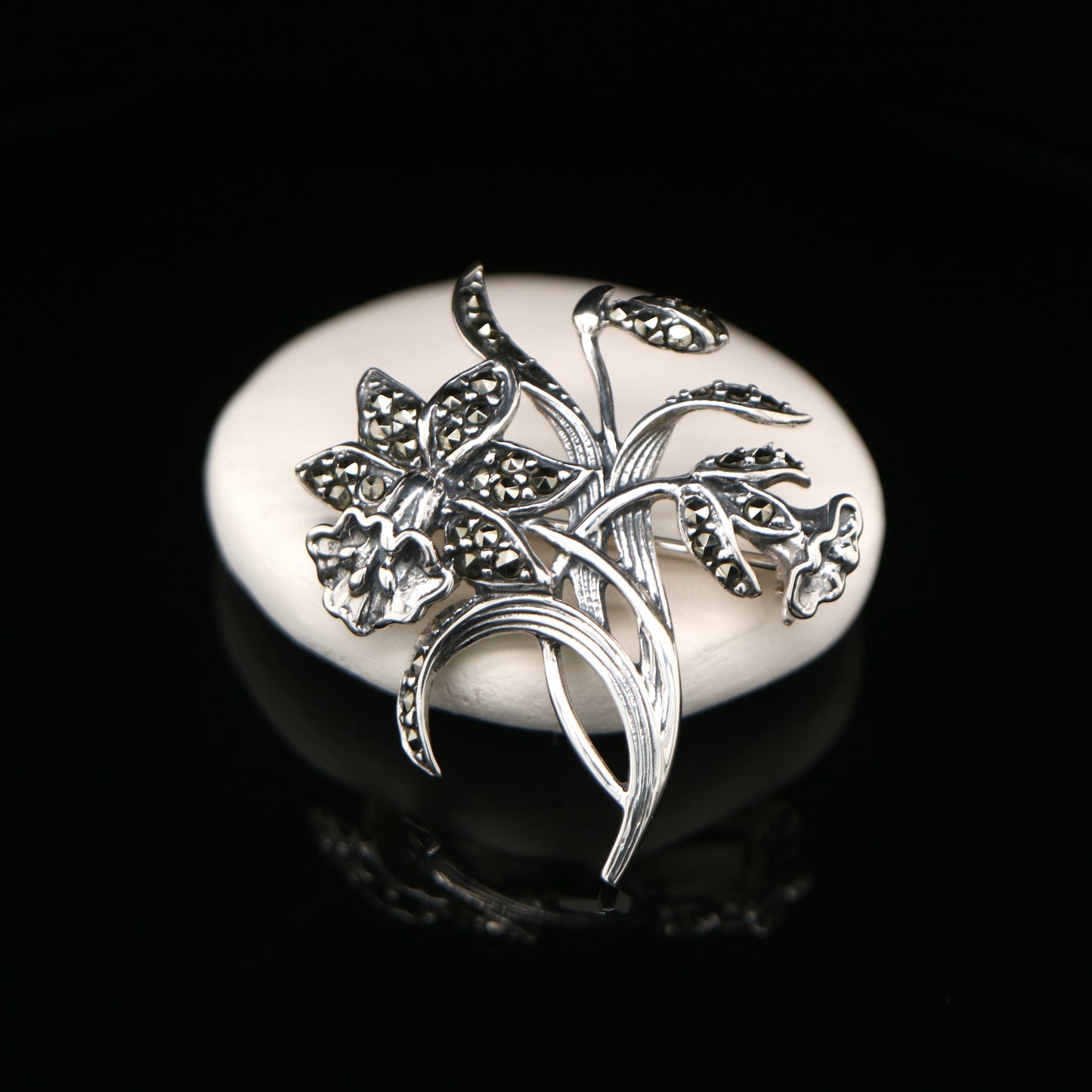 Trumpet Flower Brooch with Marcasite in Sterling Silver