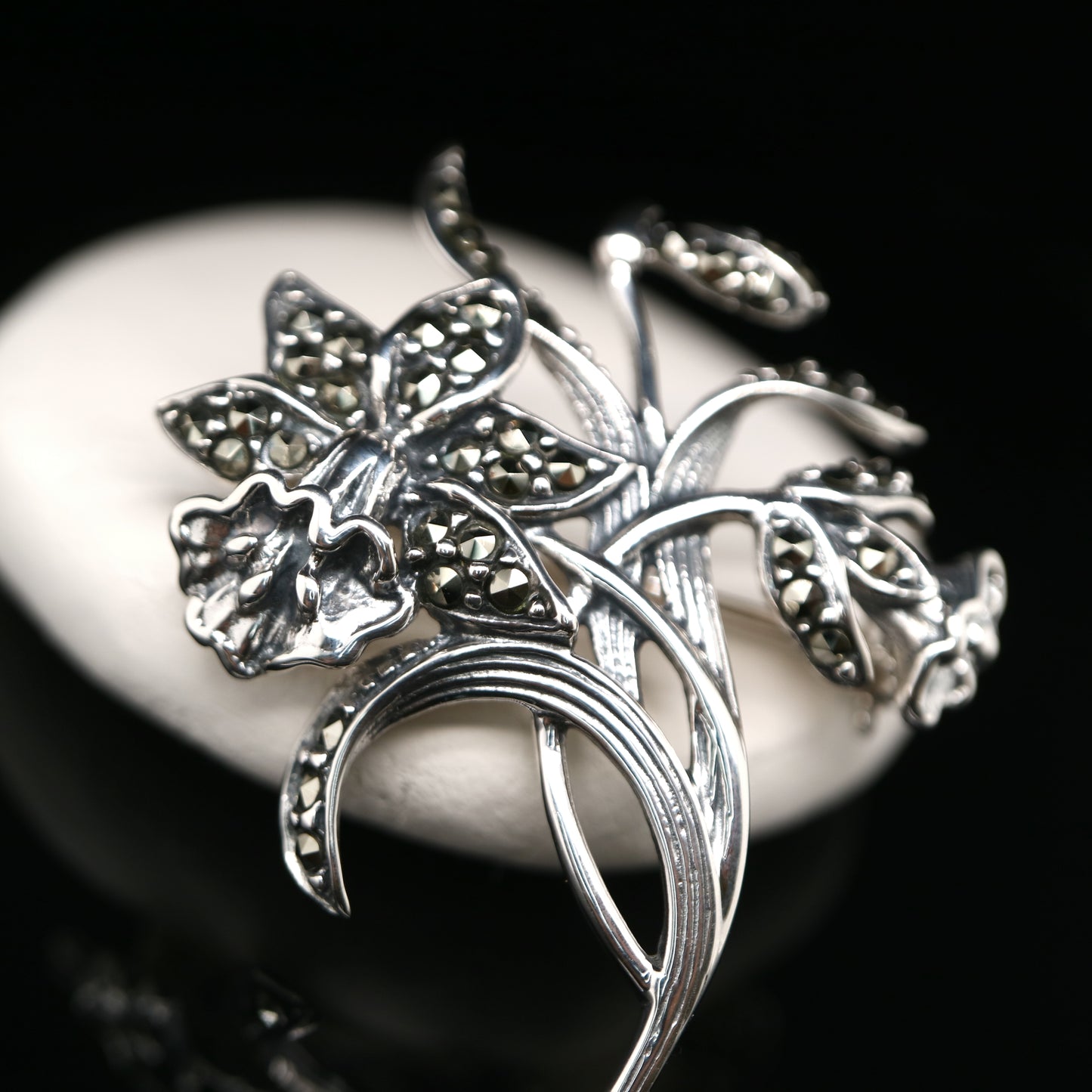 Trumpet Flower Brooch with Marcasite in Sterling Silver