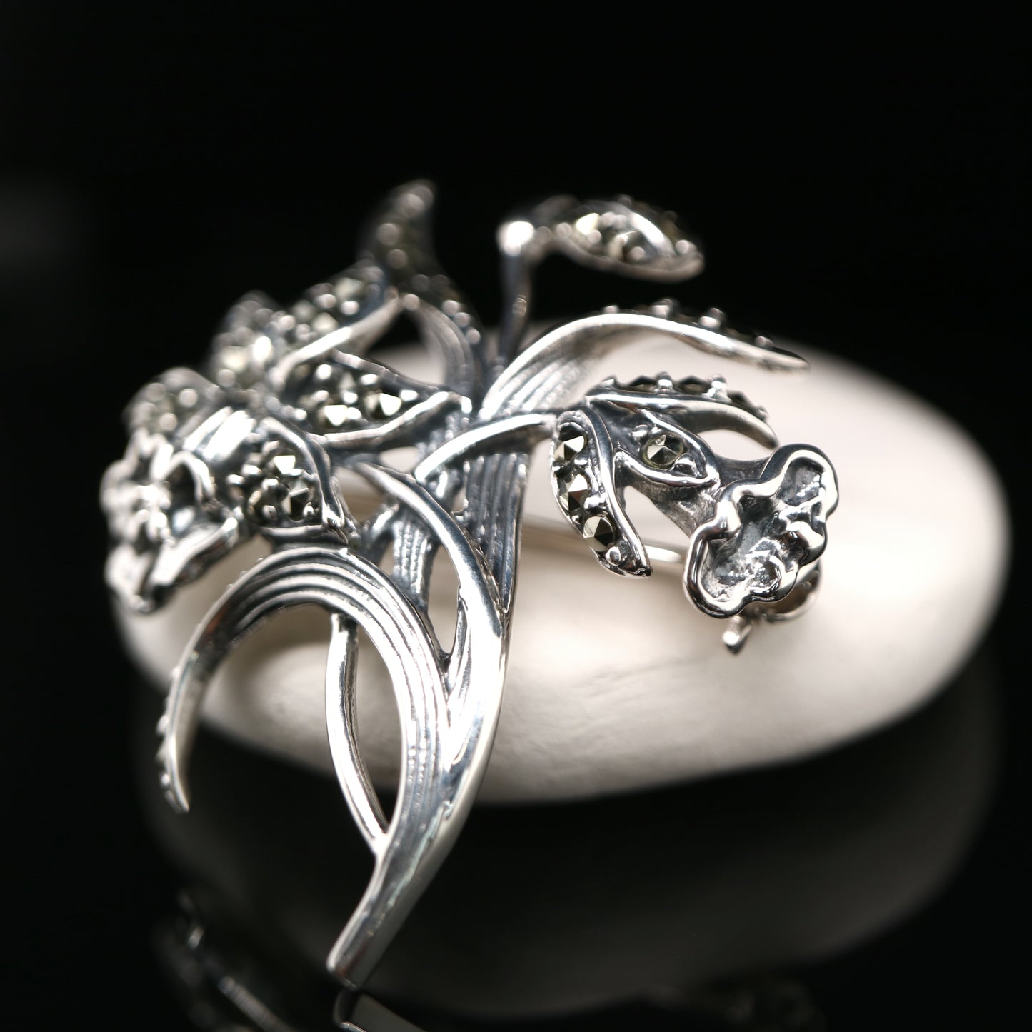 Trumpet Flower Brooch with Marcasite in Sterling Silver
