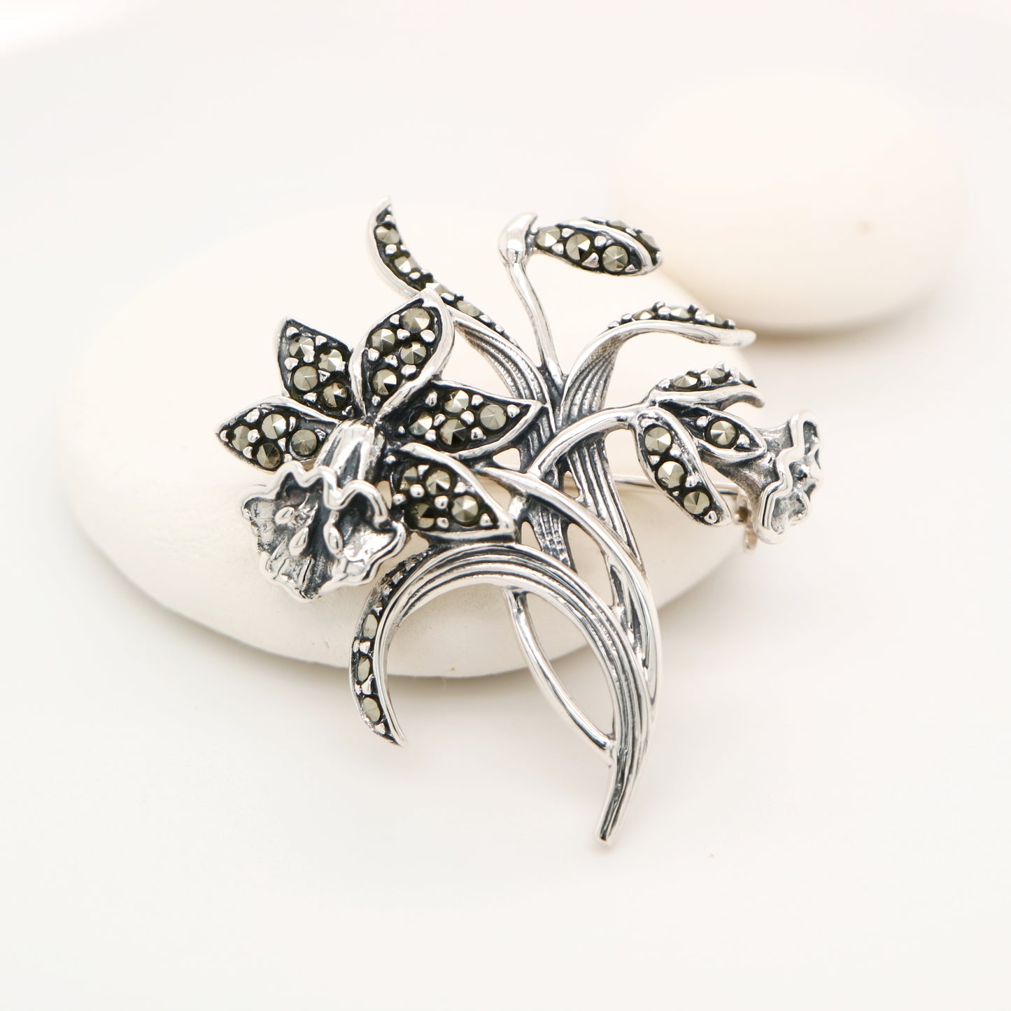 Trumpet Flower Brooch with Marcasite in Sterling Silver