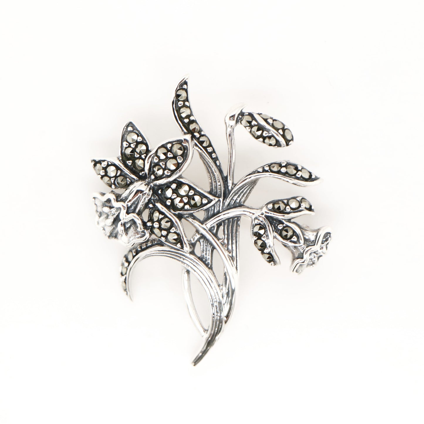Trumpet Flower Brooch with Marcasite in Sterling Silver