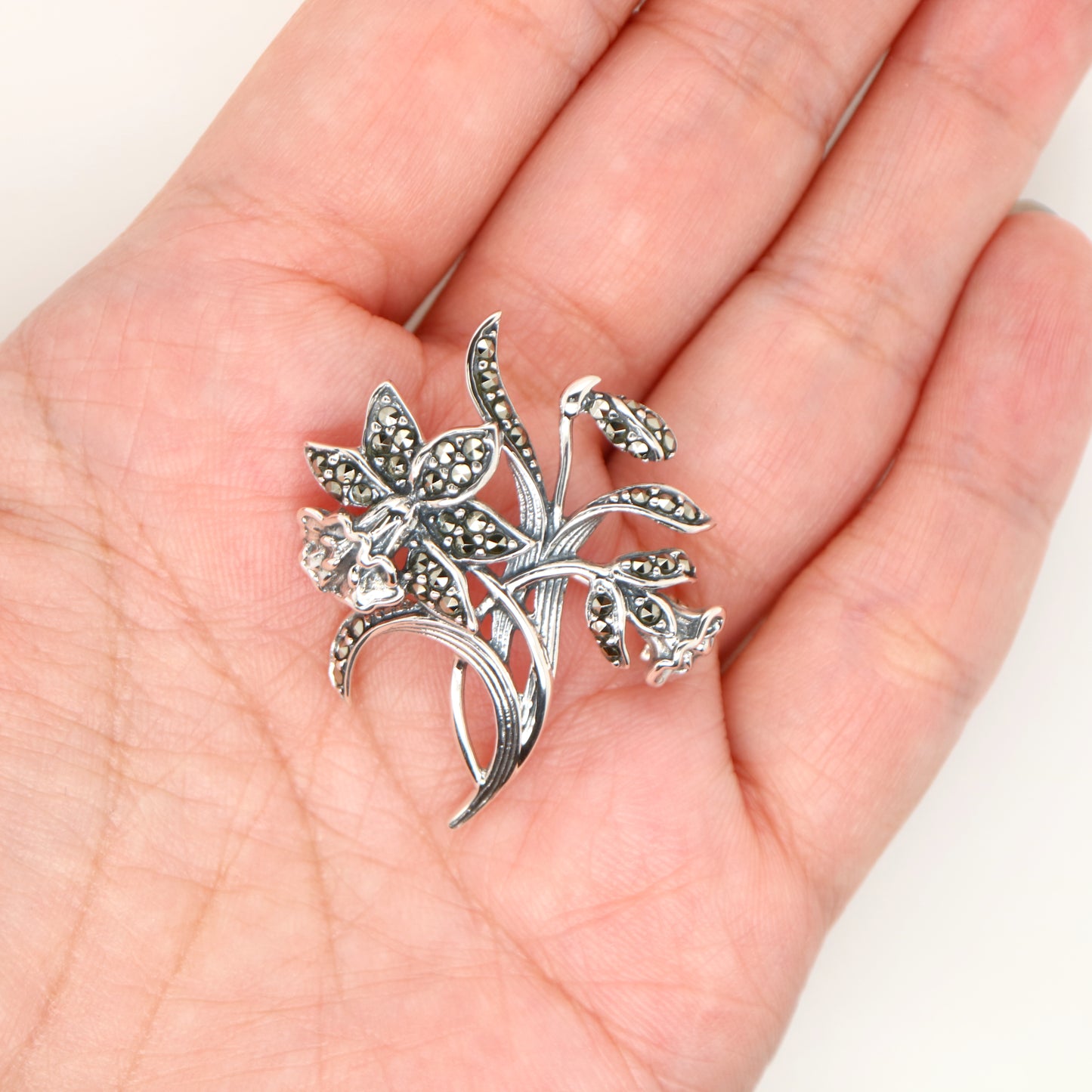 Trumpet Flower Brooch with Marcasite in Sterling Silver