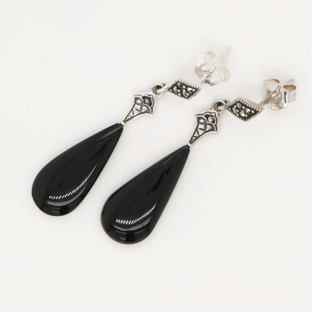 Art deco drop earrings with onyx drop, marcasite in sterling silver