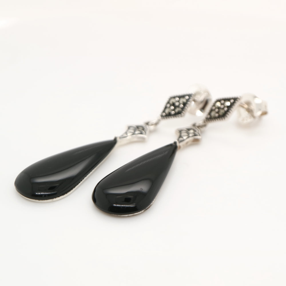 Art deco drop earrings with onyx drop, marcasite in sterling silver